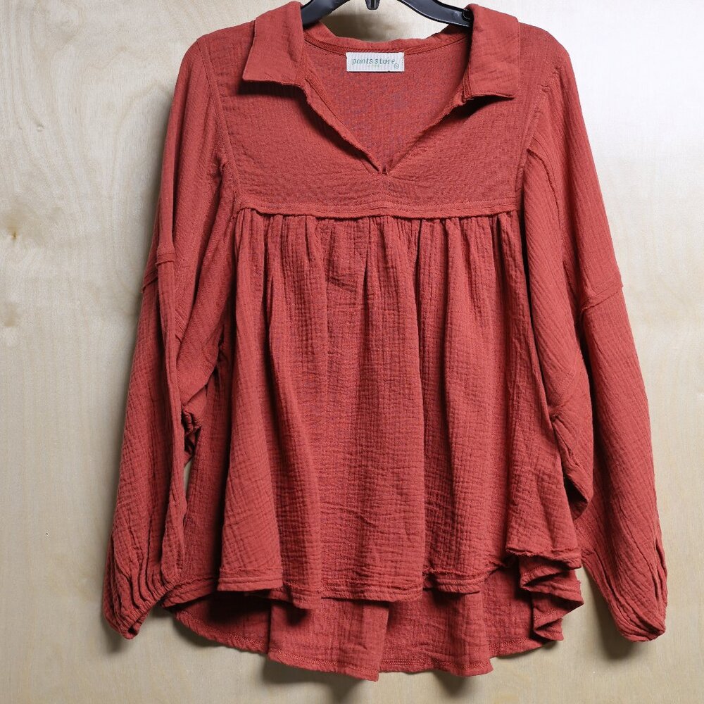 Pants Store Rust Color Oversized Long Sleeve Flowy Gauze Top Women's Sz Sm